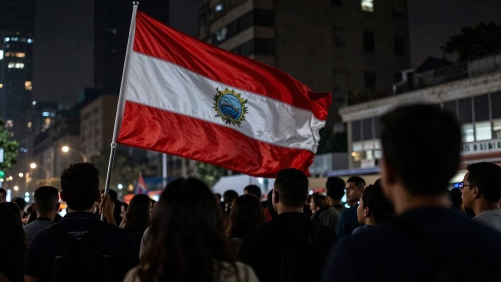 Colombian flag and anxious crowd await election results.