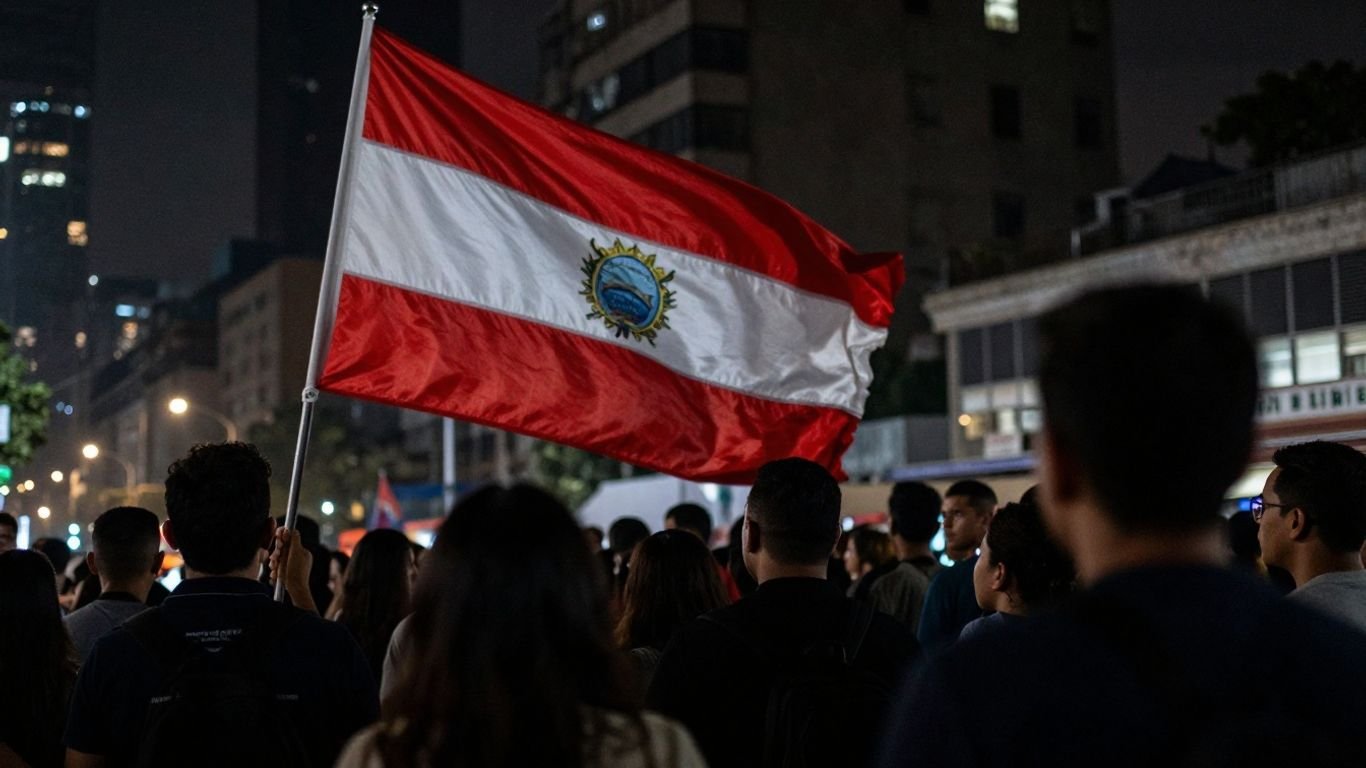 Colombian flag and anxious crowd await election results.