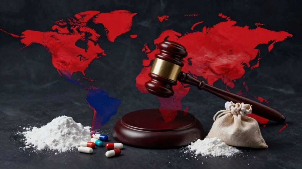 World map with gavel and drugs, illustrating drug penalties.