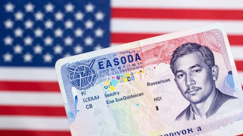 Laos visa stamp on passport with U.S. flag.