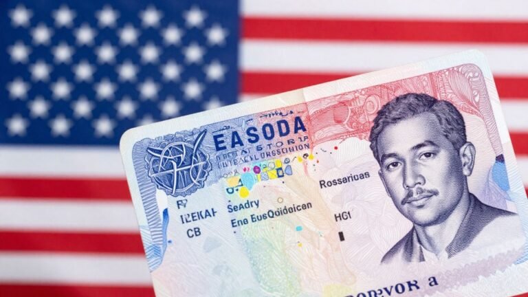 Laos visa stamp on passport with U.S. flag.
