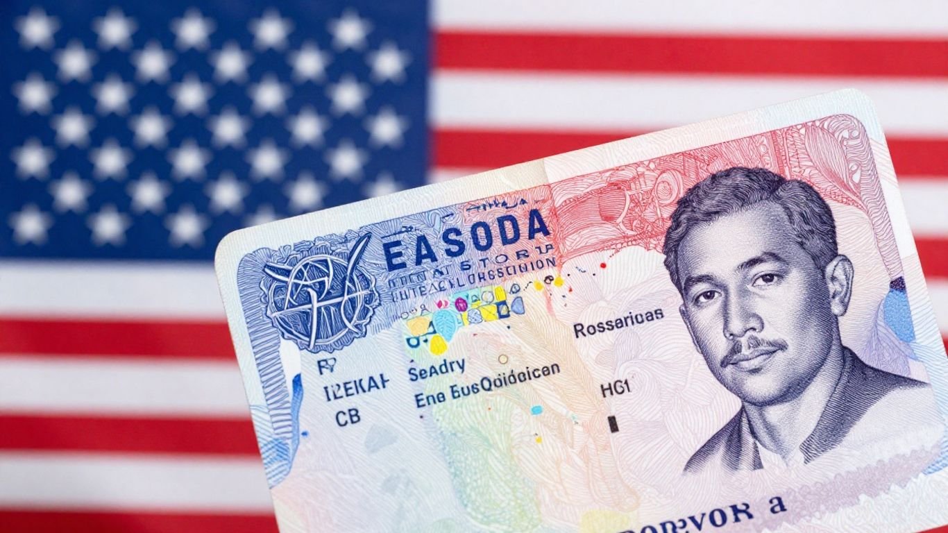 Laos visa stamp on passport with U.S. flag.