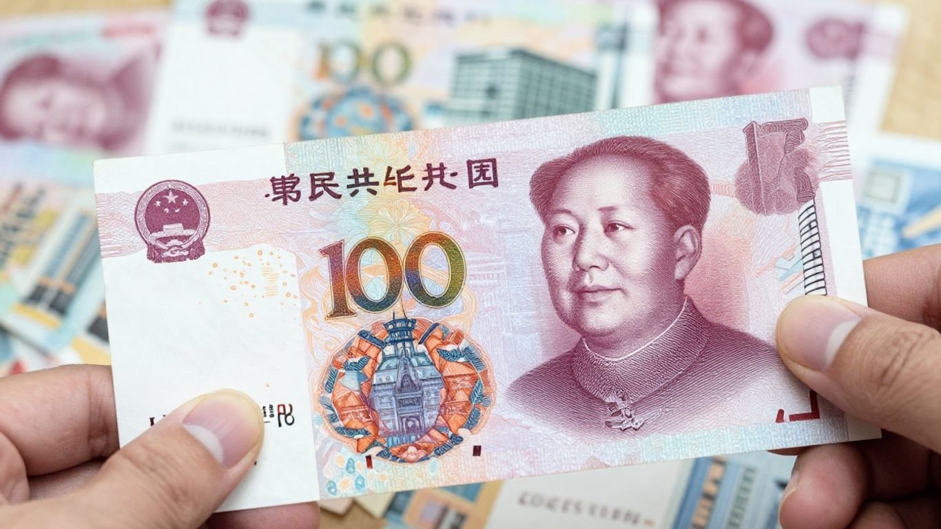 Chinese Yuan banknote and cityscape