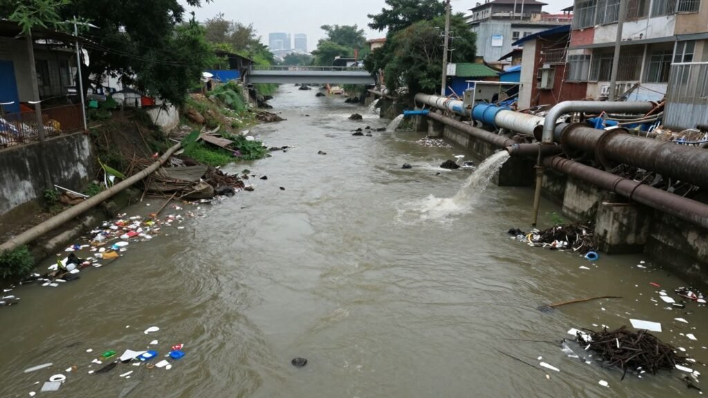 Polluted river with trash and industrial discharge.