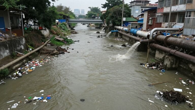 Polluted river with trash and industrial discharge.
