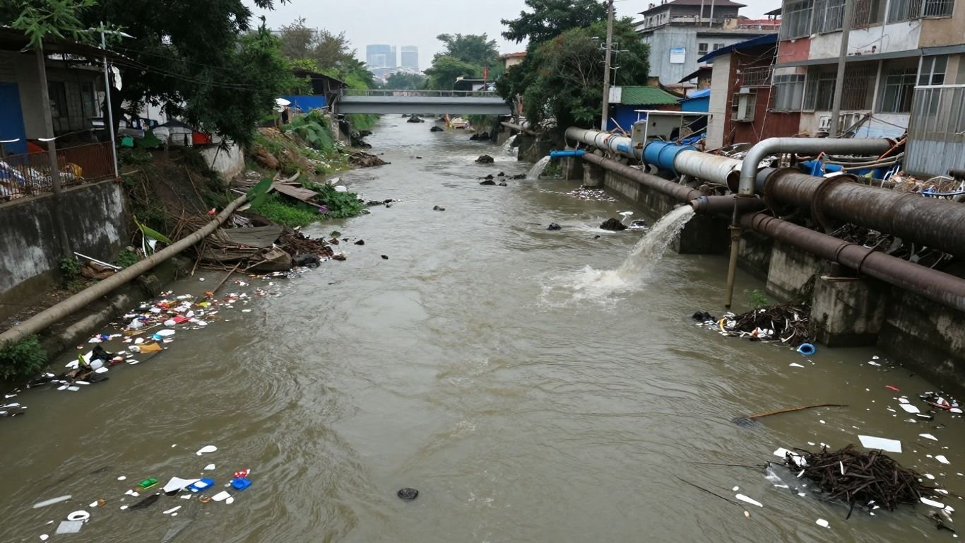 Polluted river with trash and industrial discharge.