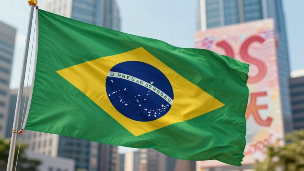 Brazil and China flags with yuan symbol and cityscape.