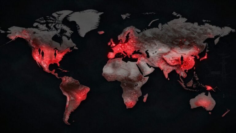 World map with glowing red points indicating trafficking hotspots.