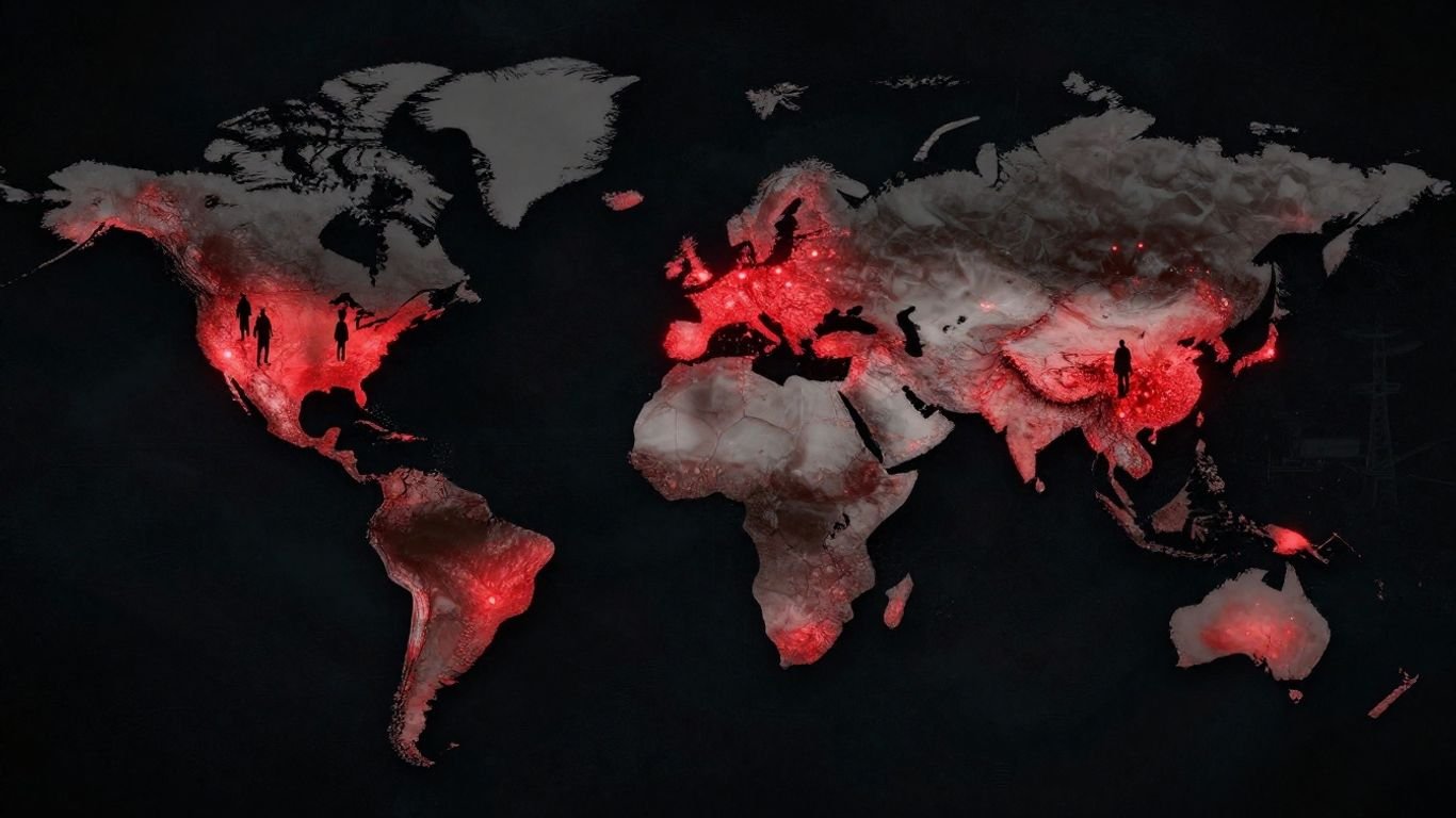 World map with glowing red points indicating trafficking hotspots.