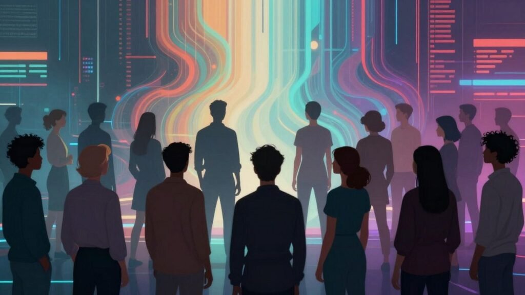 Diverse people silhouetted against abstract data streams.