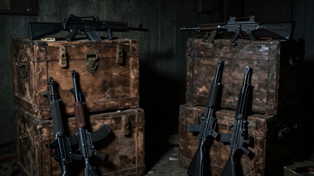 Crates and weapons in a shadowy, clandestine setting.
