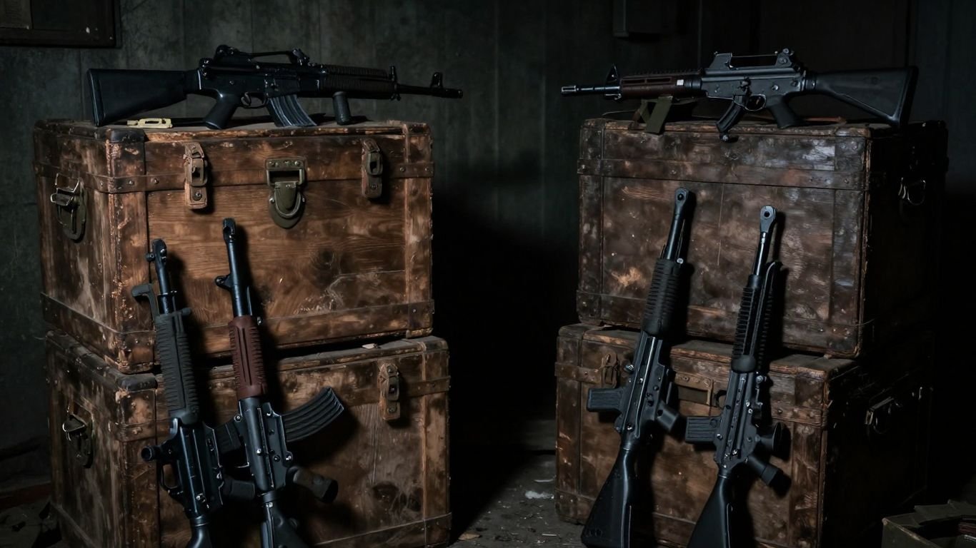 Crates and weapons in a shadowy, clandestine setting.