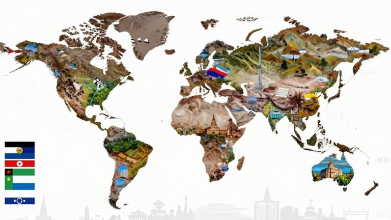 Collage of world flags and diverse landscapes.