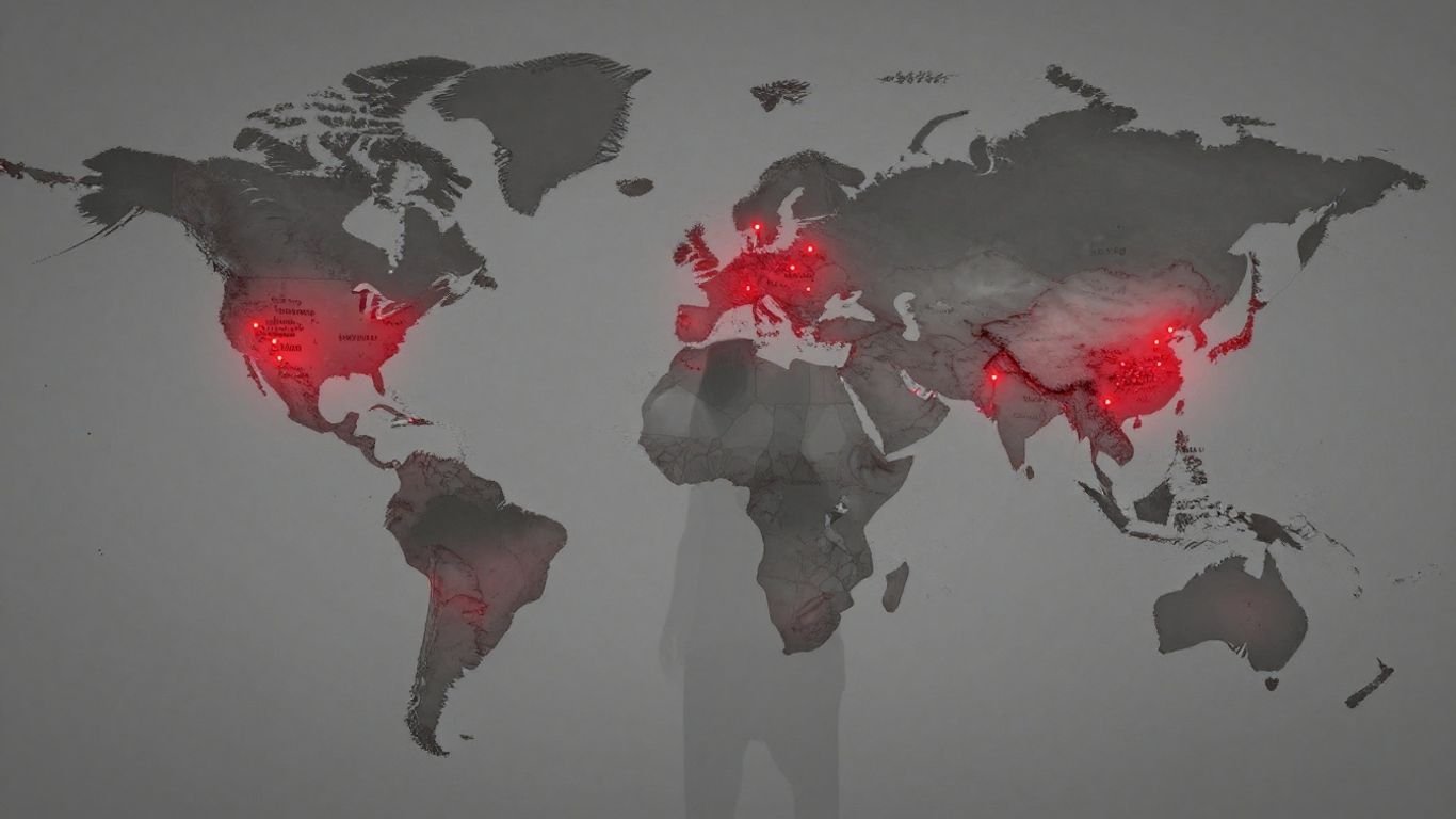 World map with red dots indicating missing persons.