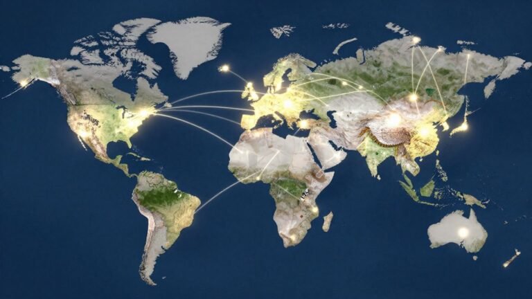 World map with glowing lines showing foreign aid distribution.