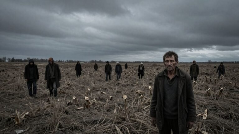 People in barren fields searching for food.