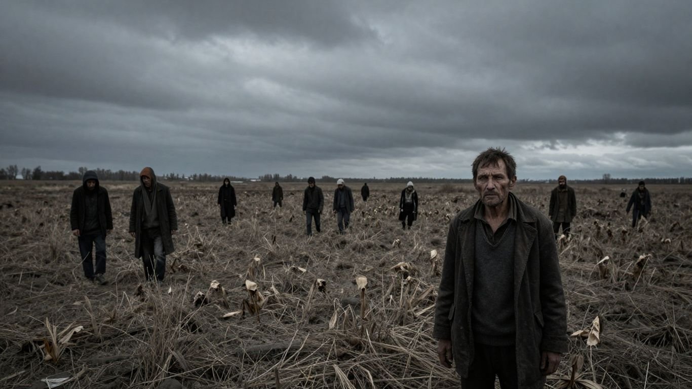 People in barren fields searching for food.