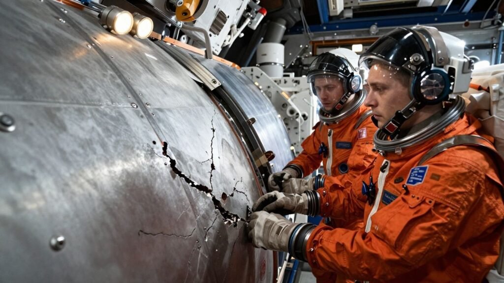 Astronauts on ISS during air leak evacuation alert.
