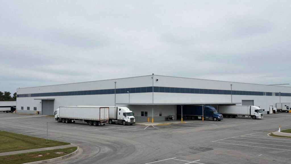 Ohio battery plant with trucks parked outside.
