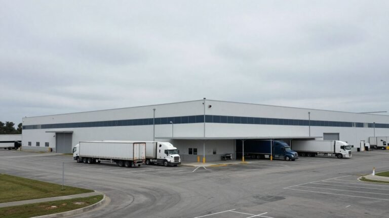 Ohio battery plant with trucks parked outside.