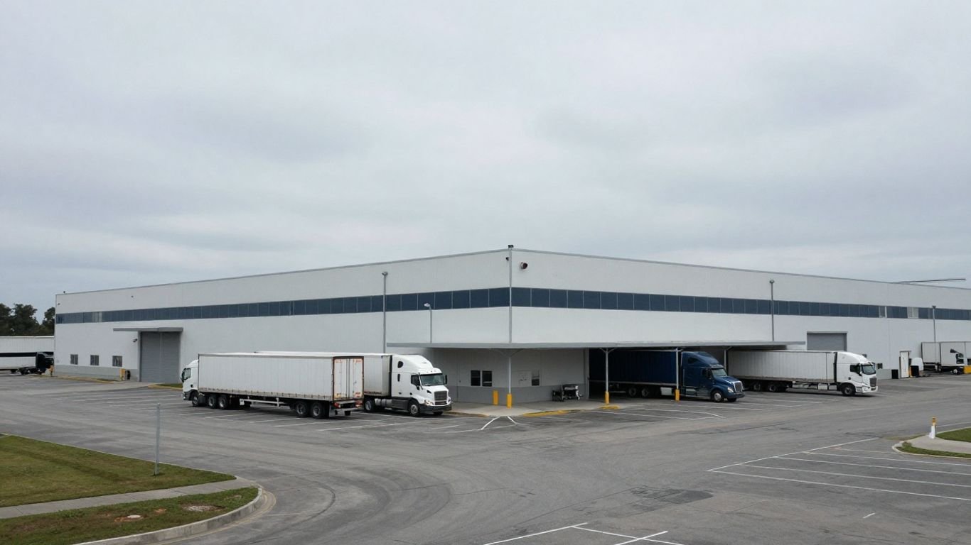 Ohio battery plant with trucks parked outside.