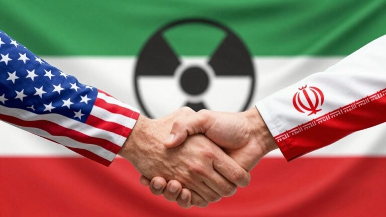 US and Iran handshake with nuclear symbol background.