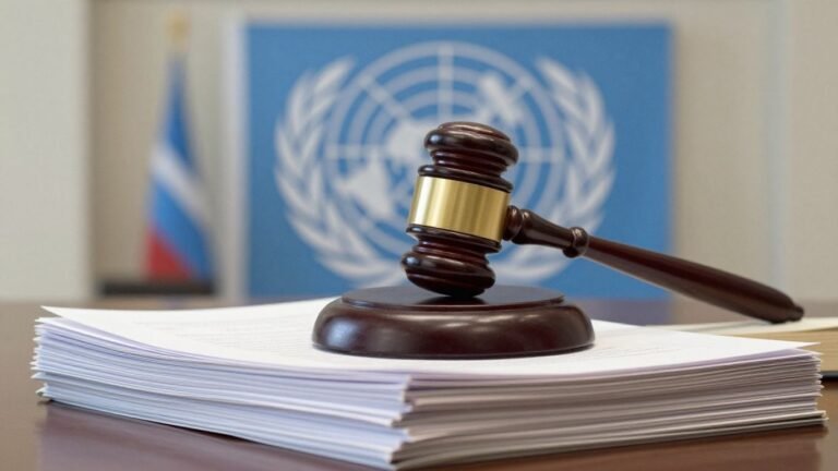 Gavel on documents, UN logo in background.
