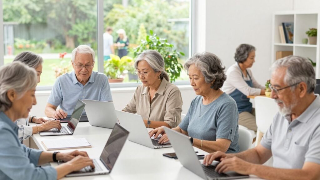 Older adults working and enjoying leisure activities.