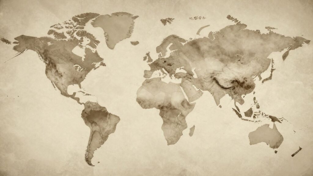 Faded world map with dissolving countries.