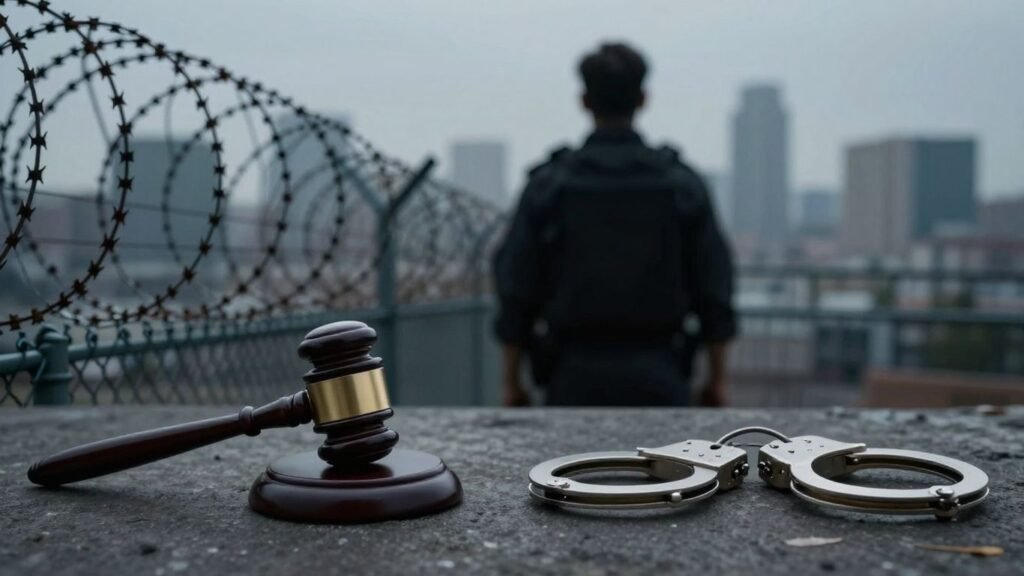 Border fence, gavel, handcuffs, and person silhouette.