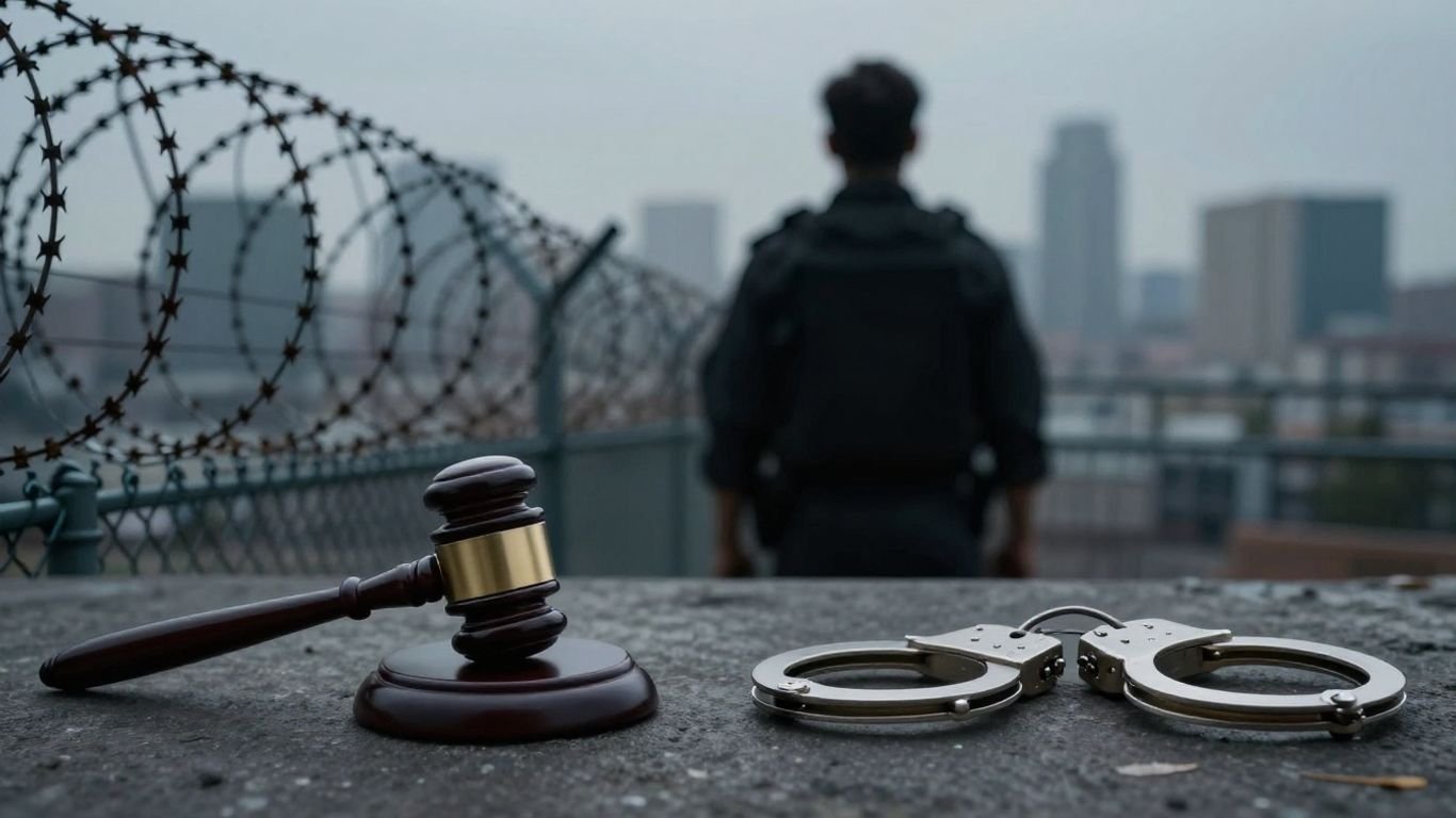 Border fence, gavel, handcuffs, and person silhouette.