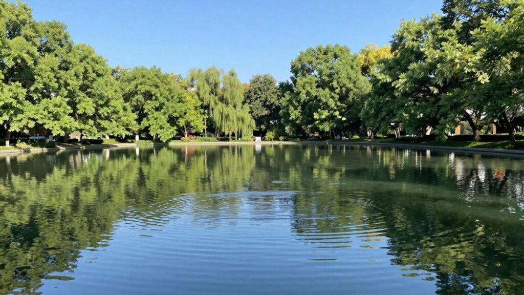 Restored reflecting pool with trees and blue sky.