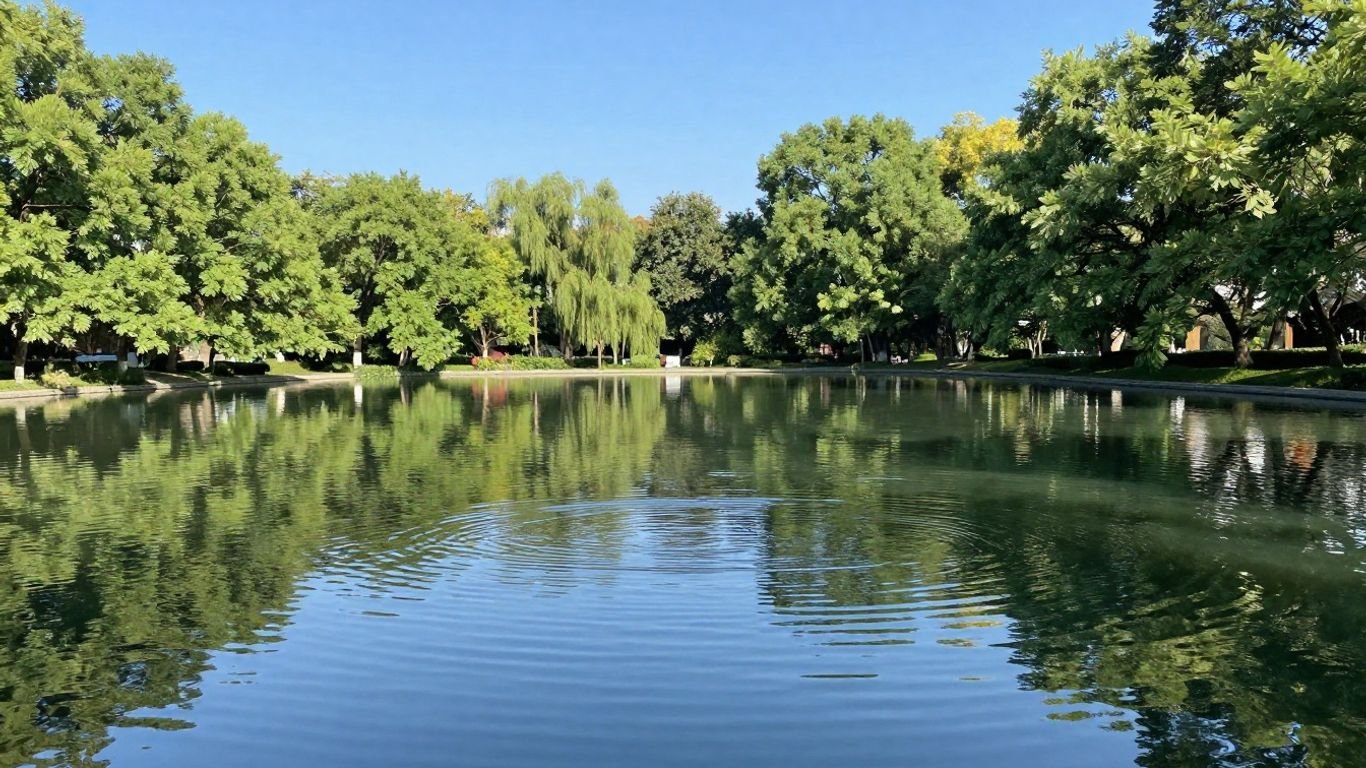 Restored reflecting pool with trees and blue sky.