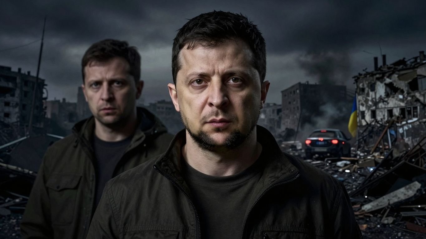 President Zelenskyy in front of a war-torn city.