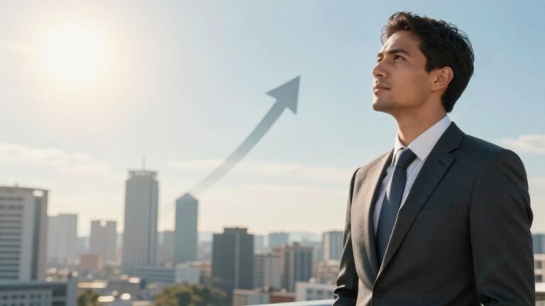 Investor looking confidently towards a bright, upward market horizon.