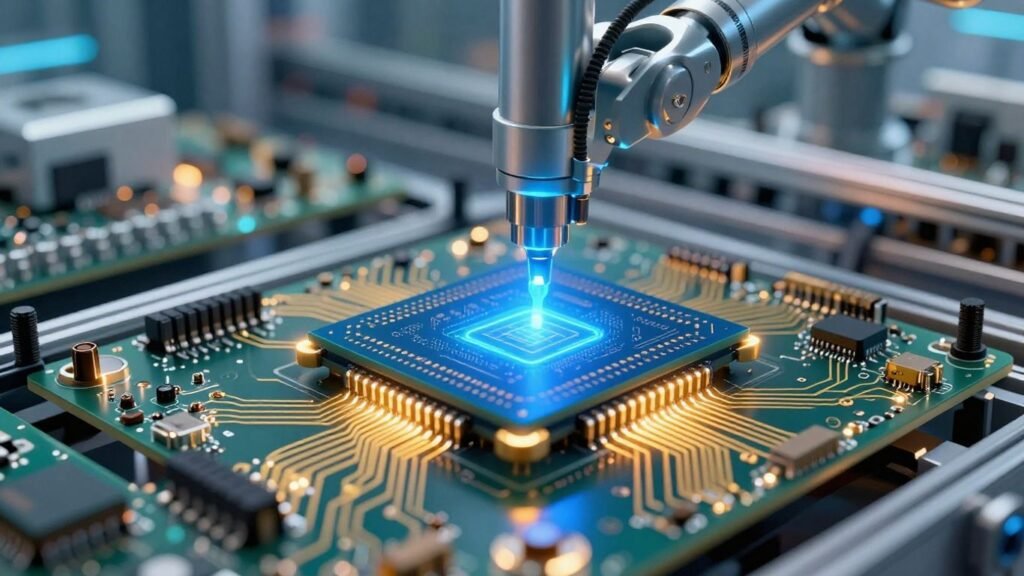 Robotic arm placing a glowing silicon microchip on a circuit board.