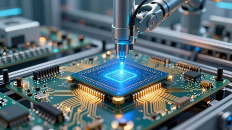 Robotic arm placing a glowing silicon microchip on a circuit board.