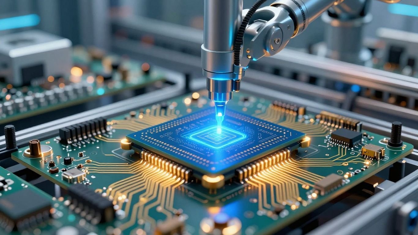 Robotic arm placing a glowing silicon microchip on a circuit board.