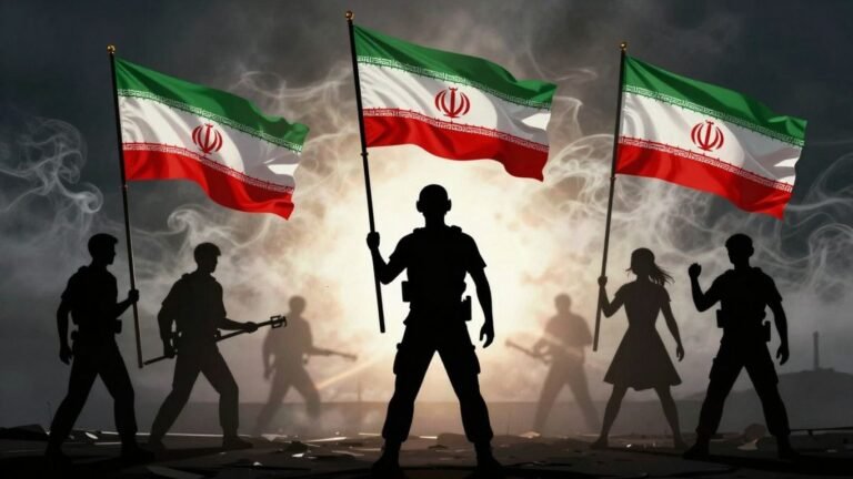 US and Iran flags clashing amidst smoke and tension.