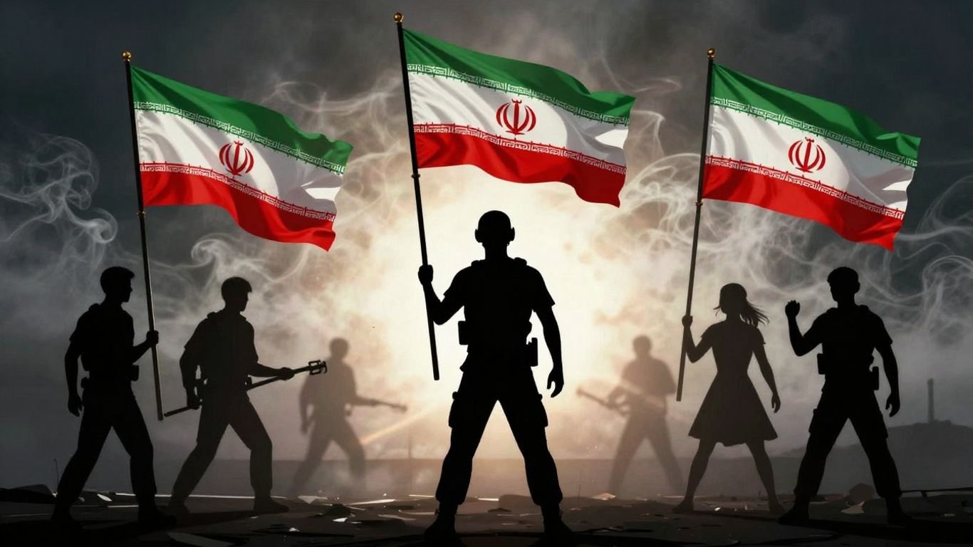 US and Iran flags clashing amidst smoke and tension.