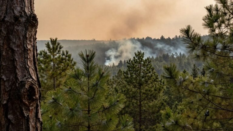 French pine forest with distant wildfire smoke under orange sky.
