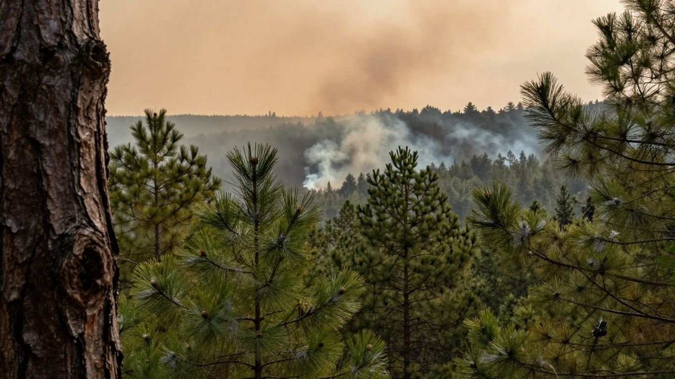 French pine forest with distant wildfire smoke under orange sky.
