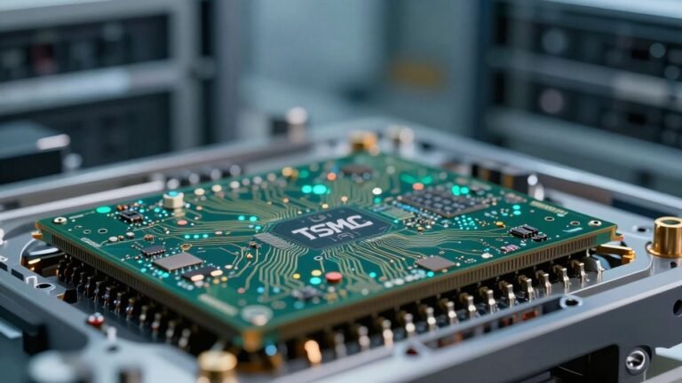 TSMC semiconductor wafer with intricate circuitry patterns.
