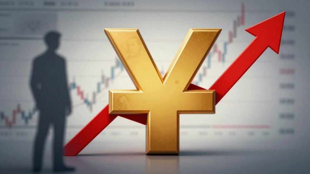 Japanese yen symbol with upward arrow and intervention hint.