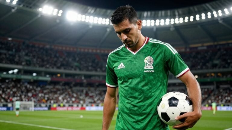 Mexican player with soccer ball, looking down after a match.