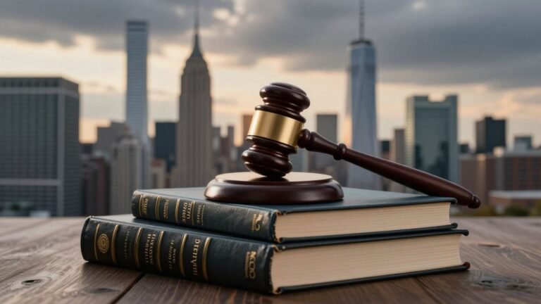 Gavel, law books, and New York City skyline.