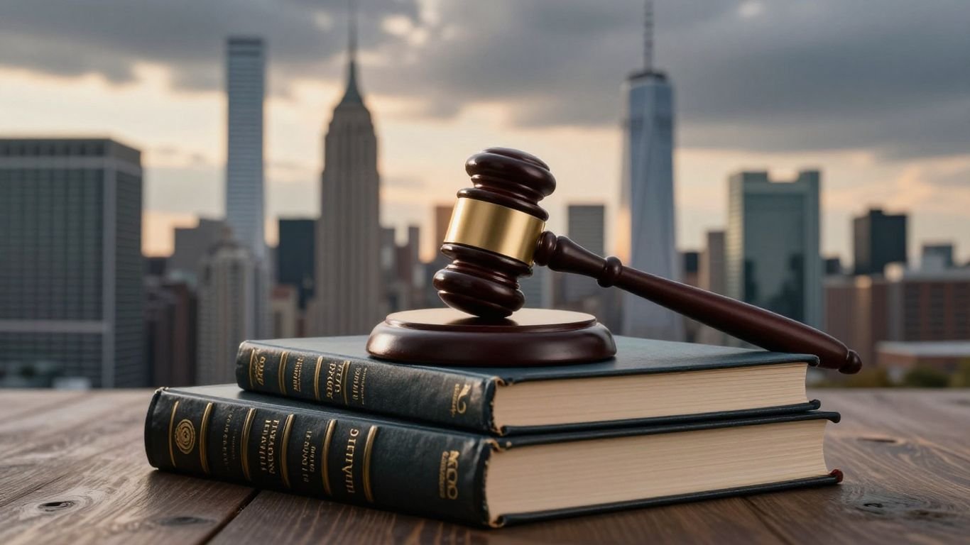 Gavel, law books, and New York City skyline.