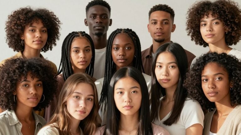 Diverse people with various hairstyles smiling together.