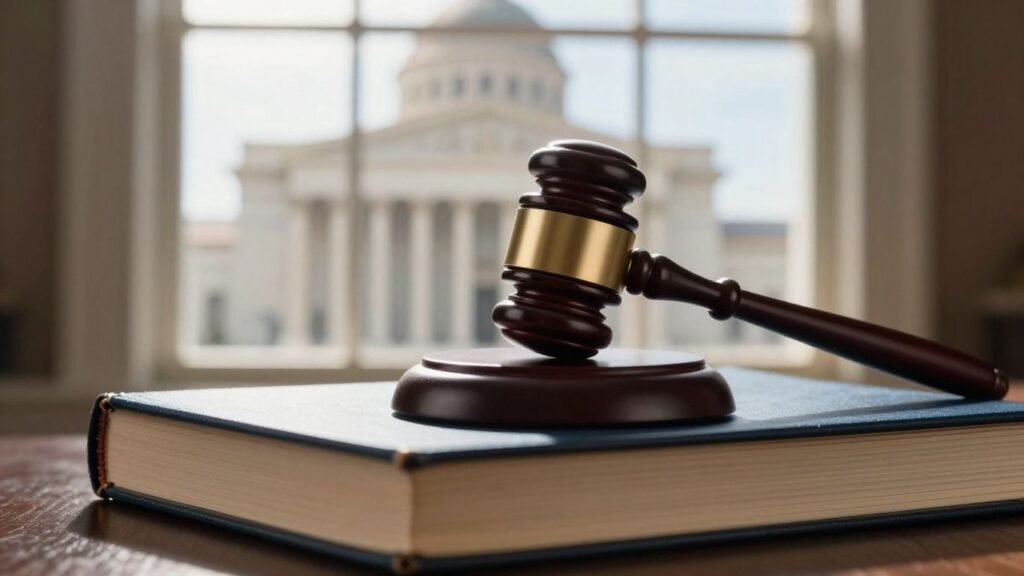 Supreme Court gavel and books with building background.