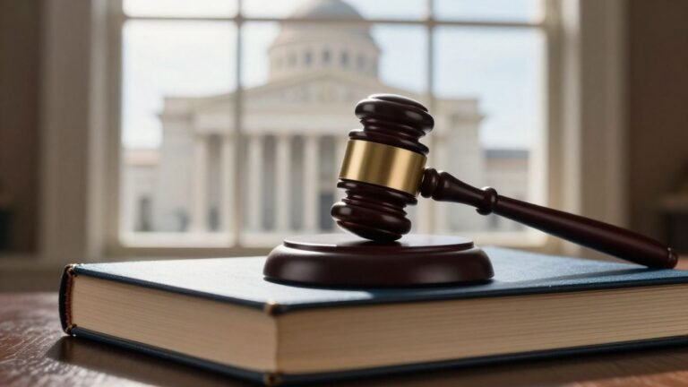 Supreme Court gavel and books with building background.